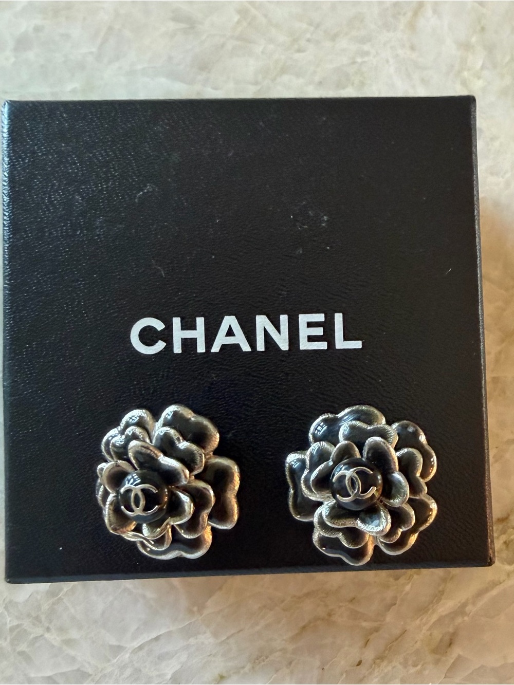 CHANEL 03C Cruise 2003 Black Enamel Camellia Flower CC Clip-On Earrings With COA